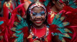 Close up of a girl in bright carnival colours at Families and Childrens Day at Notting Hill Carnival